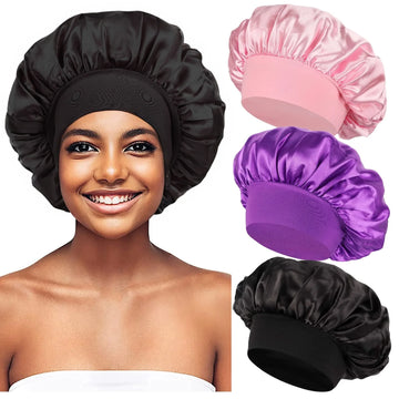 Satin Bonnets Night Sleeping Cap Large Elastic Wide Soft Band Colorful Silk Hat for Curly Hair Care Beauty Makeup for Women